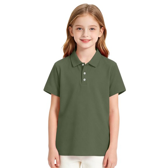 Girls Short Sleeve Pique Polo Shirt Preschool Shirt Matching Ribbed Collar Banded Sleeves Three-button Placket Uniform Army Green 110