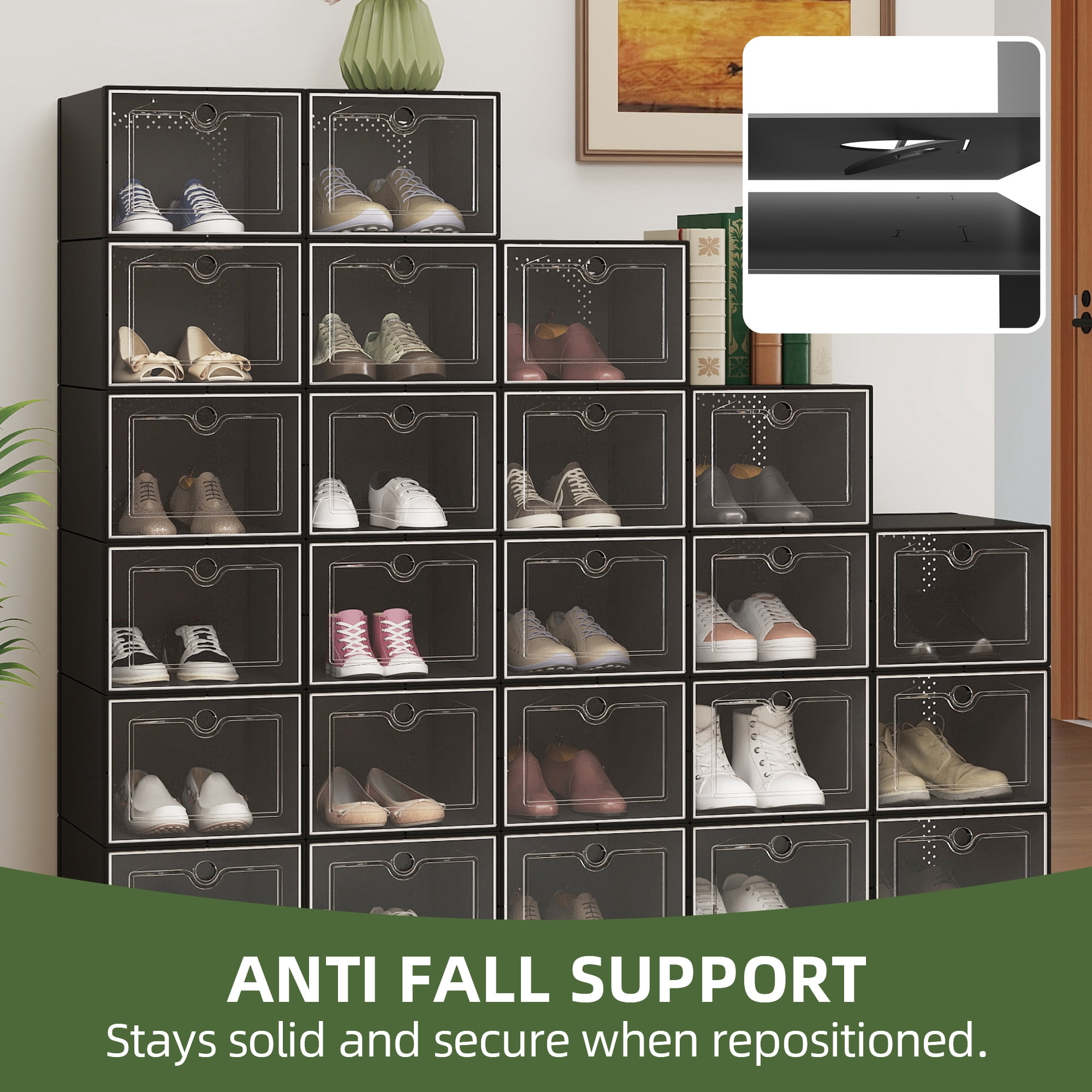 Uforic XL Shoe Storage Box, 24 pack Stackable Plastic Organizer Box for Shoes up to Size 15, Entryway and Hallway, Black