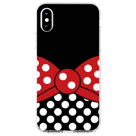 DistinctInk Clear Shockproof Hybrid Case for iPhone X / XS (5.8" Screen) - TPU Bumper, Acrylic Back, Tempered Glass Screen Protector - Black White Polka Dot Red Bow Minnie