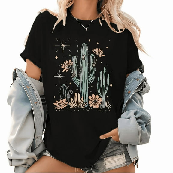 Adventure Ready Cactus Shirt - Southwestern Distressed Print, Women's Soft Cotton Western Tee