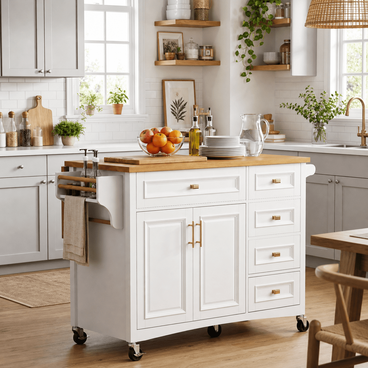 Homy Casa 52" Rolling Kitchen Island Cart with Drop Leaf, Storage Cabinet, 5 Drawers and Towel Bar, White