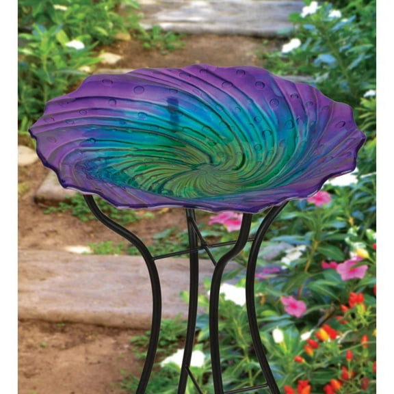 Custom Hand Blown-Glass Bird Bath  Stand - Purple Ripple - 18 inch