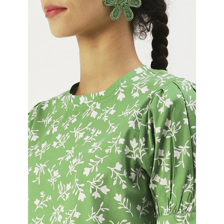 Cotton Print Round Neck High Waist Green Floral Dresses Cotton Print Round Neck High Waist Green Floral Dresses