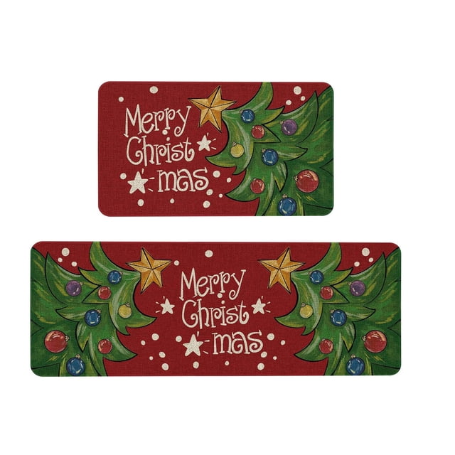 Deeceymbur 2 Pcs Christmas Kitchen Rug Set Non-Slip Backing Winter Decor Floor Mat Floors Xmas Basic