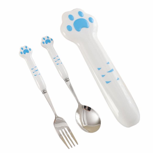 Cute Cat-Shaped Tableware Set, Cat Paw Ceramic Handle Dinnerware Set Flatware Kitchen Accessories Camping Travel Sets Fork Spoon Portable Cutlery Sets with Case