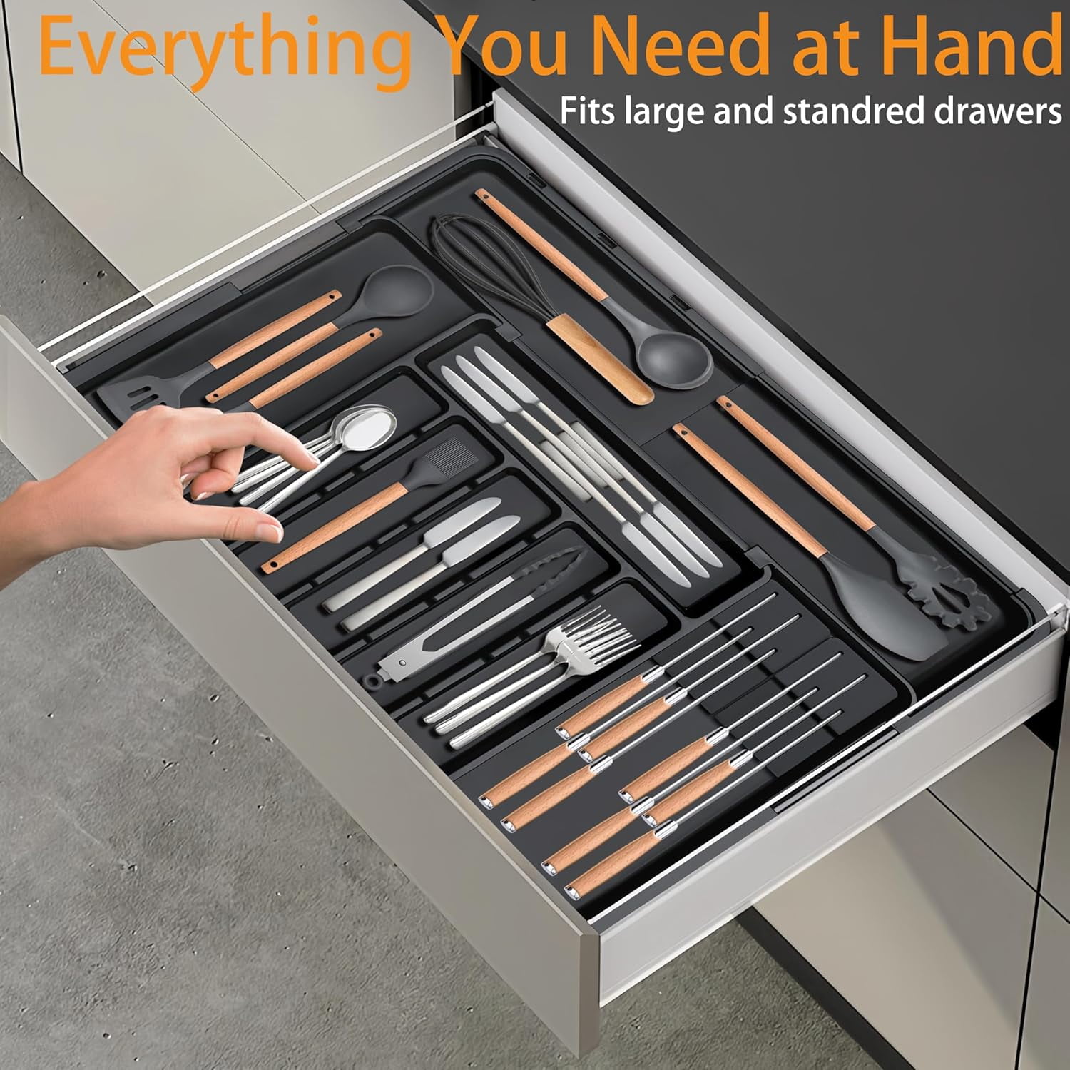 Silverware Organizer - Expandable Large Kitchen Drawer Organizer Utensil Organizer with 2 Removable Knife Blocks, 22"x 19"Cutlery Tray Drawer Dividers for Kitchen Flatware(6-9 Slots) (Black)