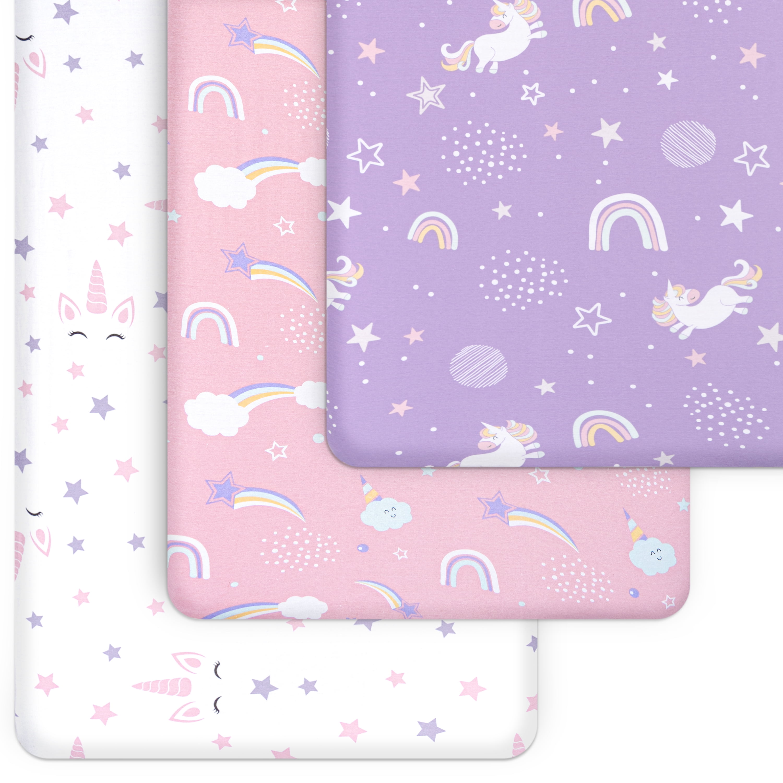 Grow Wild Baby Crib Sheets for Girls (3 Pack), Soft Jersey Cotton Fitted Crib Sheets for Infant, Babies or Toddlers Unisex - 52"x 28" x 9", Unicorns and Rainbows