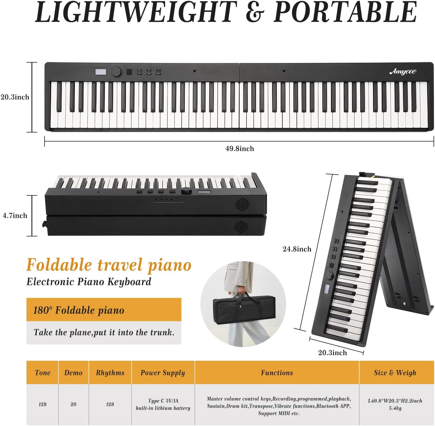 Folding 88-Key Piano Keyboard, Portable Full-Size Digital Piano with Stand, Sustain Pedal, Headphones, Carry Bag, Bluetooth & USB MIDI, Ideal for Beginners and Adults