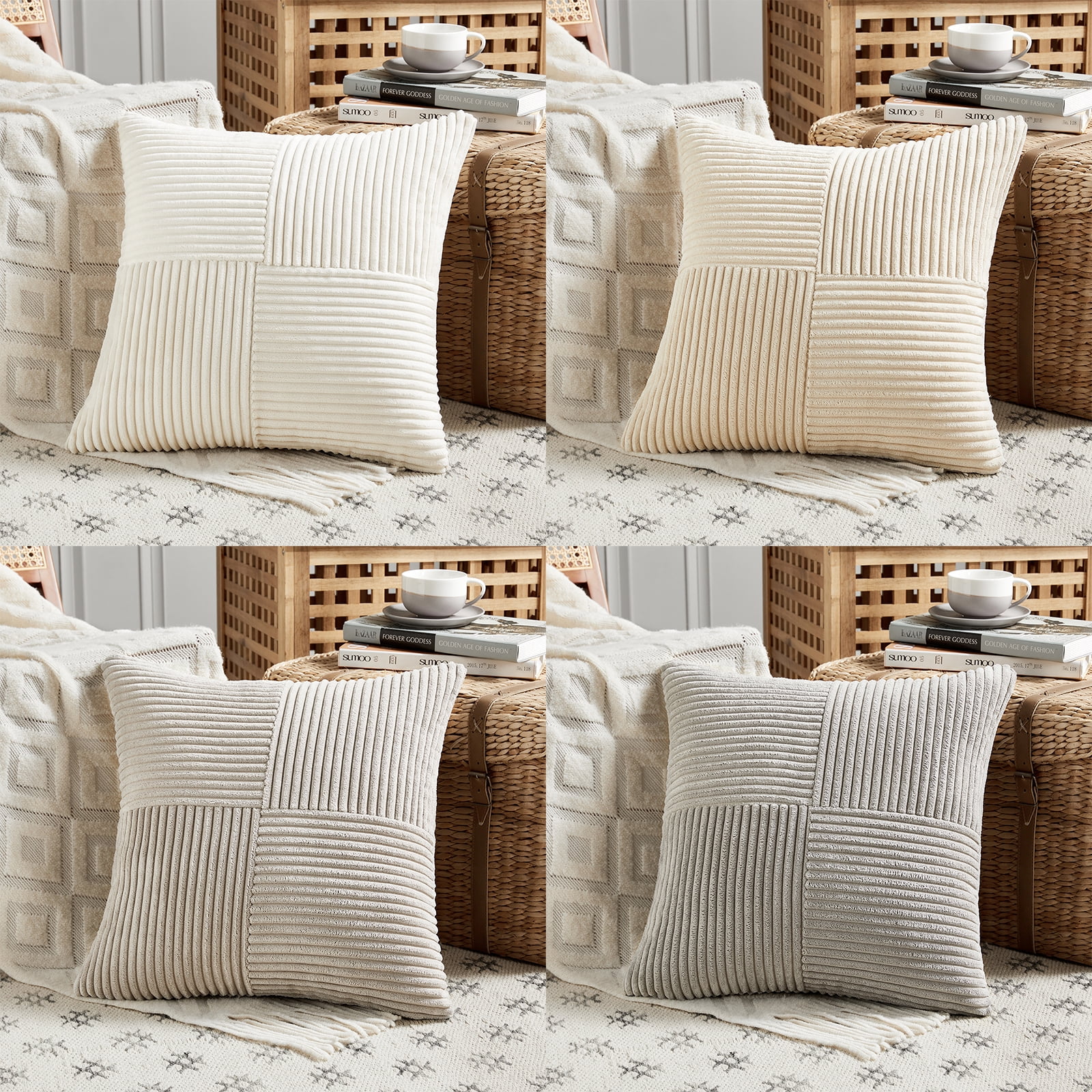Fancy Homi 4 Pcs Neutral Decorative Throw Pillow Covers 20x20 inch for Living Room Couch Bed Sofa, Rustic Farmhouse Boho Home Decor, Soft Cross Striped Corduroy Patchwork Square Cushion Case 50x50cm