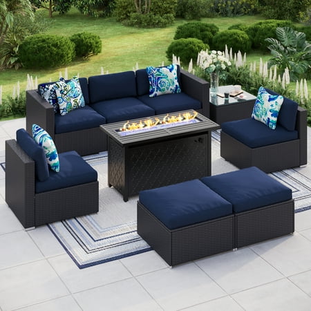 MF Studio 9 Piece Outdoor Sectional with Propane Fire Pit Table with Lid