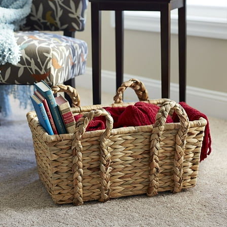 Household Essentials Wicker Storage Basket with Handles, Handwoven Water Hyacinth, Strong Metal Frame, Lovely Braided Handles, Large Capacity with Sturdy Sides, Natural