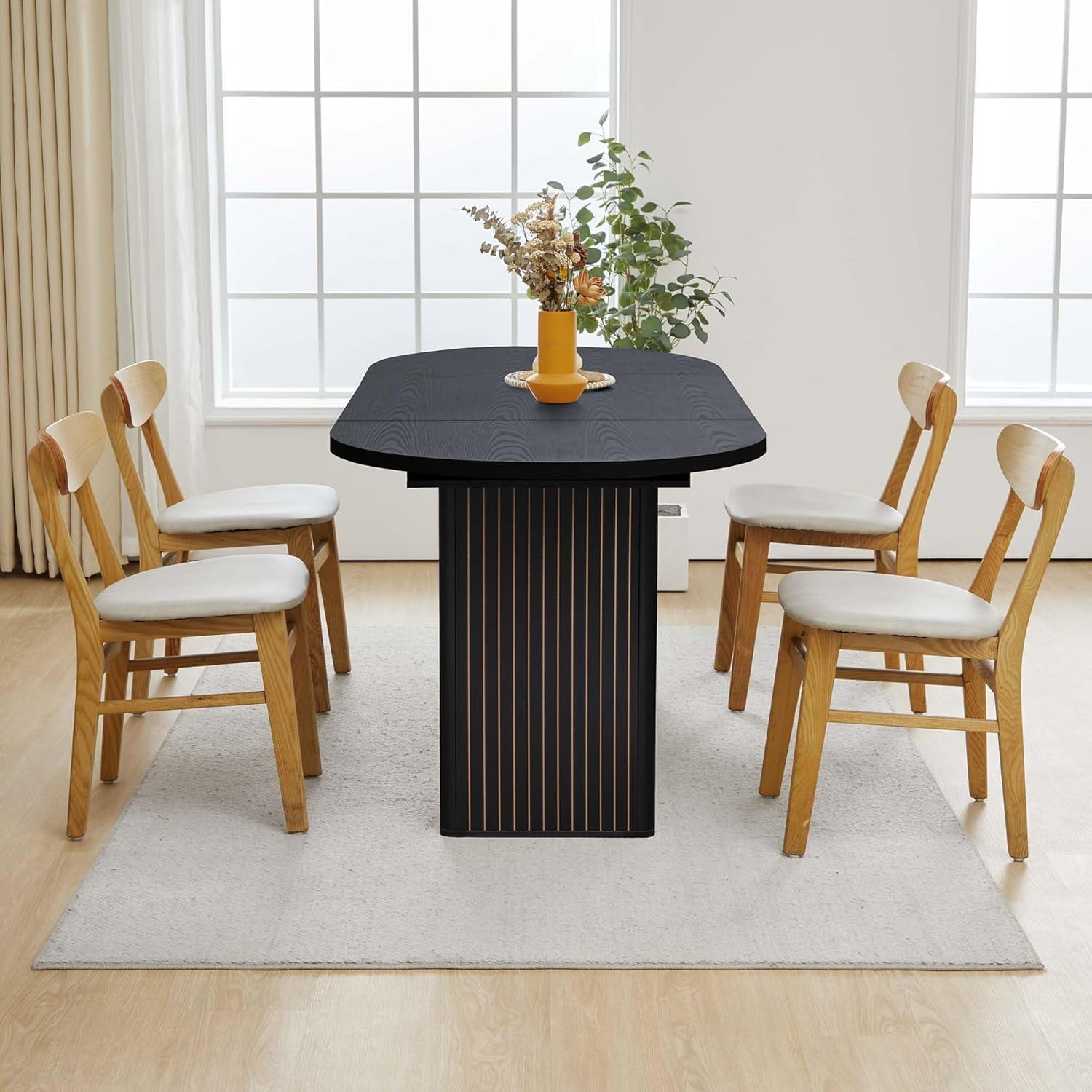 70.8 Inch Dining Table for Rustic Farmhouse, Oval Kitchen Dining Room Table with Wooden Base for Meeting Room Reception Room (Black)