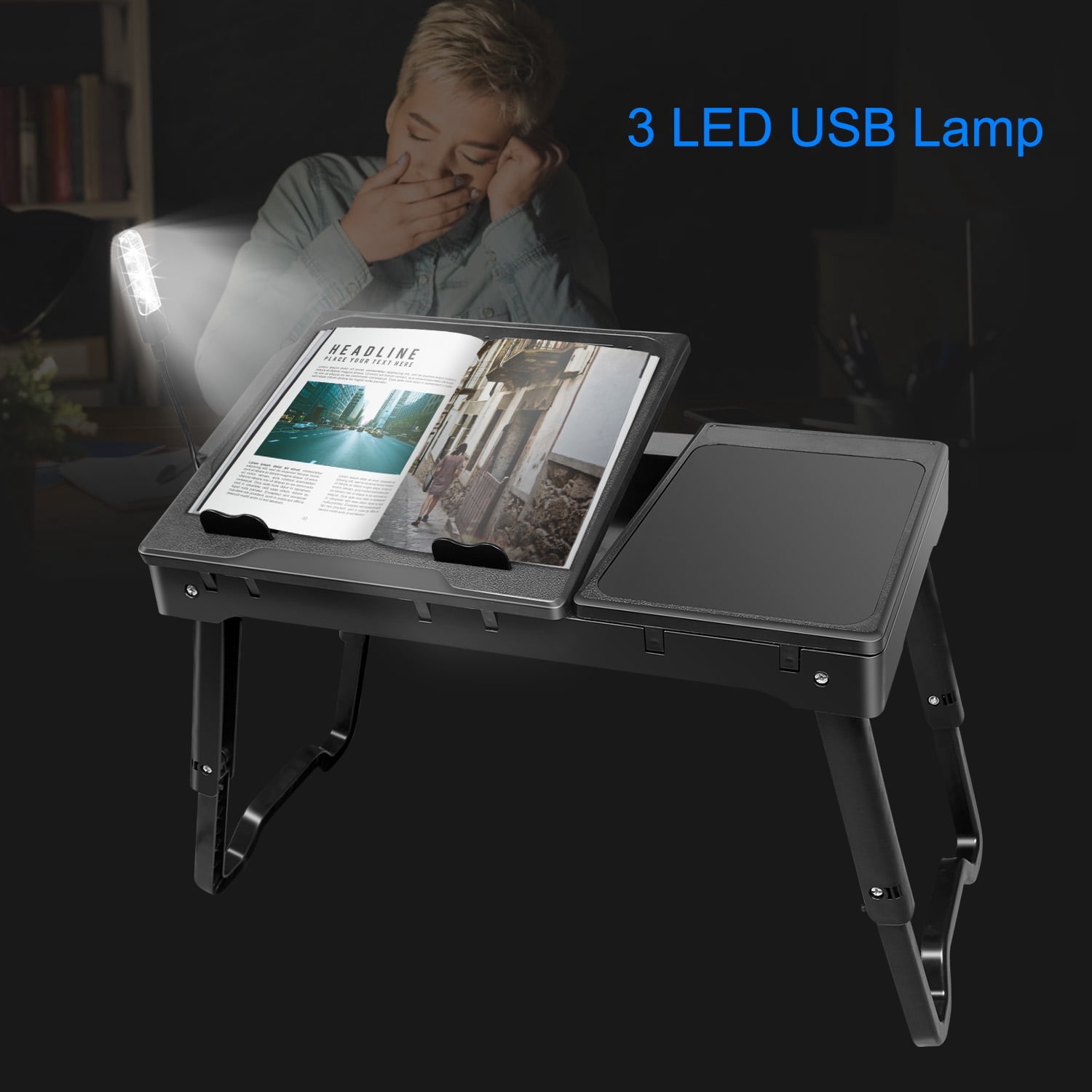 Adjustable Laptop Stand Portable Laptop Desk Ergonomic Table Stand with Cooling Fans Mouse Pad LED Light TV USB Port Bed Lap Tray Standing Desk Laptop Holder Desk for Office Bed Sofa Blue