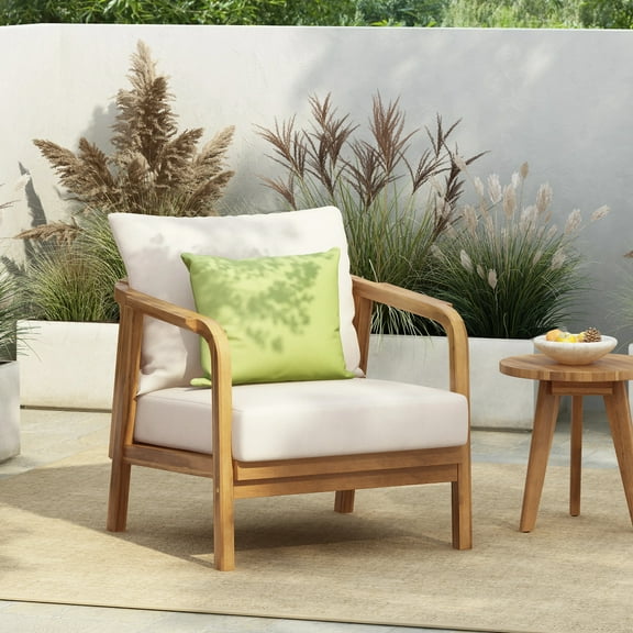 28" Outdoor Lounge Chair with Woven Backrest, Solid Wood Frame, Comfortable Cushions, and Curved Armrests for Patio or Garden