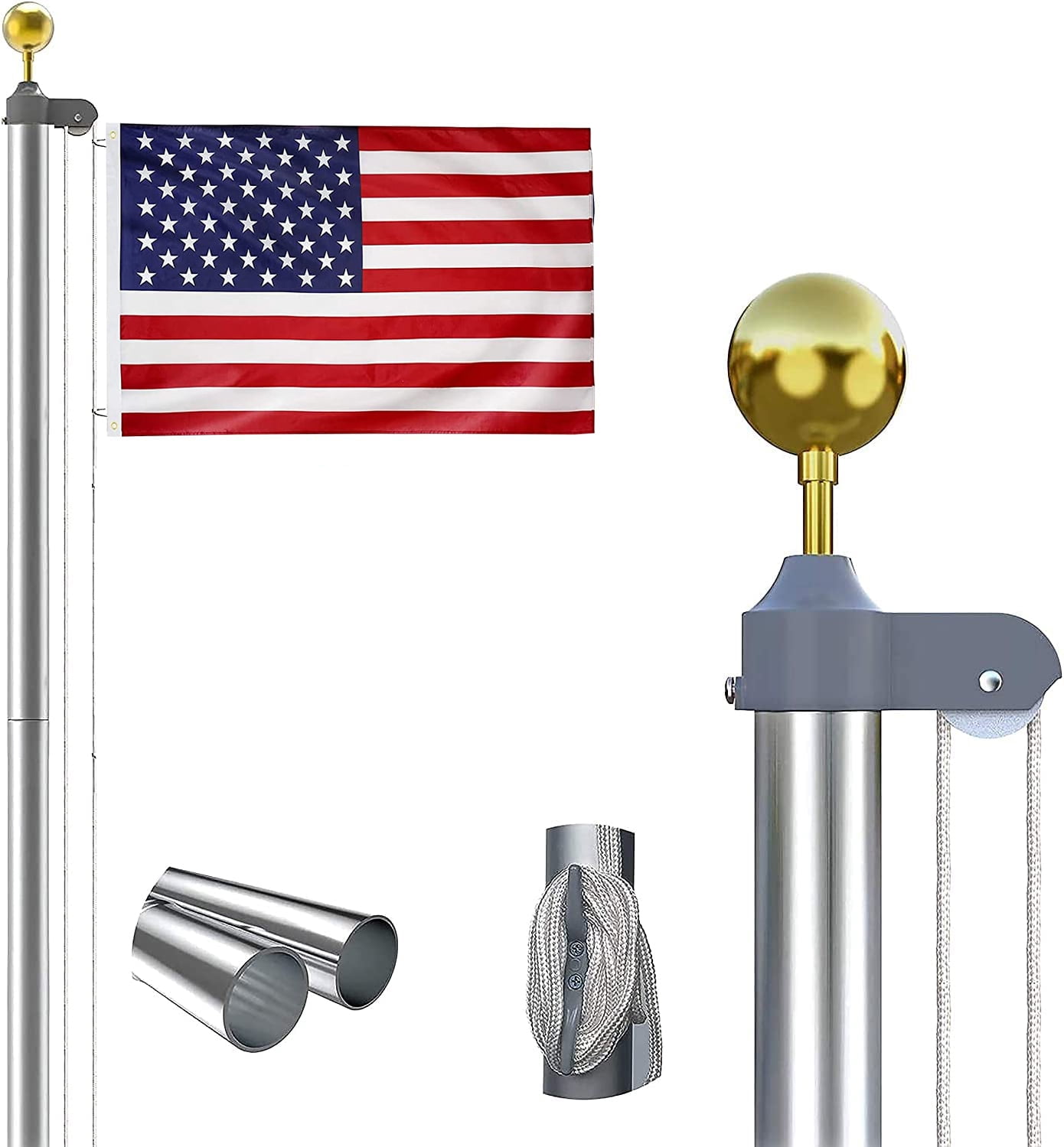 DEALTOPS Upgraded 20ft Aluminum Sectional Flagpole Kit 3'x5' US American Flag Gold Ball Kit Hardware for Outdoor Residential Yard Commercial