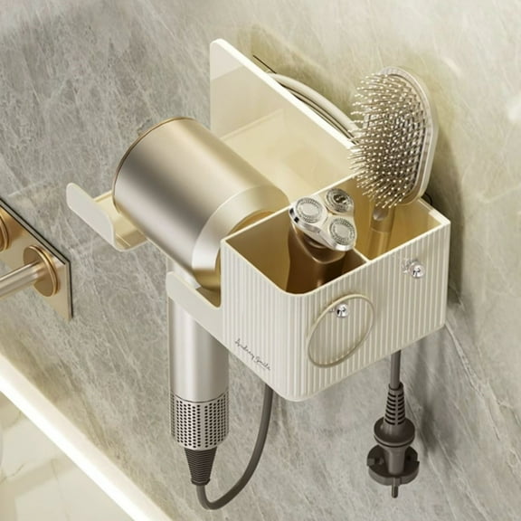 karymi Wall Mounted Hair Dryer Storage Rack with Hooks Bathroom Organizer No Drilling Shelf for Blow Dryer Shaver and Toiletries Home Decor