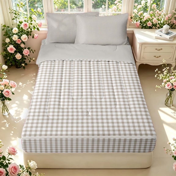 Manfei Rustic Grid Zipper Twin Comforter Sets with Fitted Sheet and 2 Pillowcases,Modern Check Zipper Bedding Set,Cream White,Light Gray Reversible,4pcs