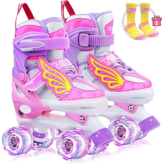 Gleamkid Girls Kids Adjustable Light Up Skates, 8 Light UP Wheels, Rainbow Roller Skates for Toddlers Beginner Kids (9C-6Y S M L)
