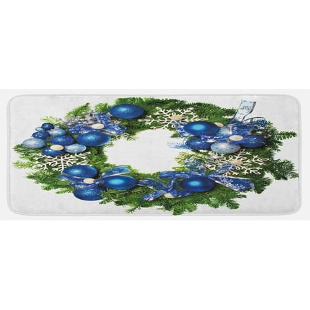 

Christmas Kitchen Mat Image of a Wreath with Bauble and Ornamental Snowflakes Bows Noel Yuletide Theme Plush Decorative Kitchen Mat with Non Slip Backing 47 X 19 Green Blue by Ambesonne