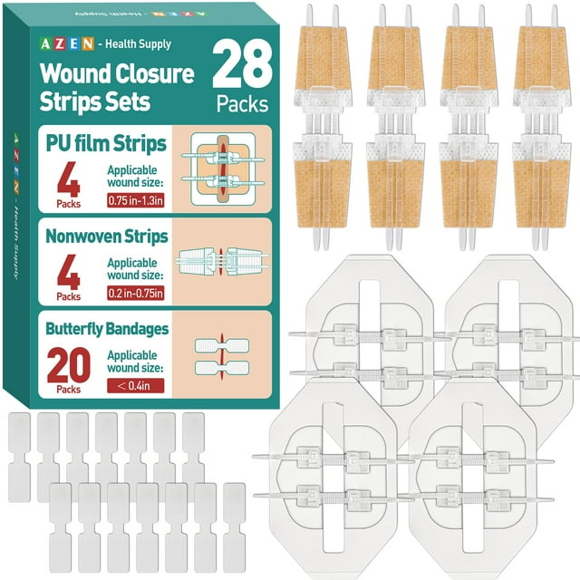 kit de cierre de heridas azen 28 unidades de bandas mariposa, caja verde y teal junto a 20 bandas mariposa blancas con pestañas, 4 tiras PU adhesivas color beige con cabezal plástico y 4 tiras no tejidas blancas, disposición ordenada sobre fondo blanco en vista frontal tipo product shot; adecuado para surtir botiquín de primeros auxilios y uso en emergencias.