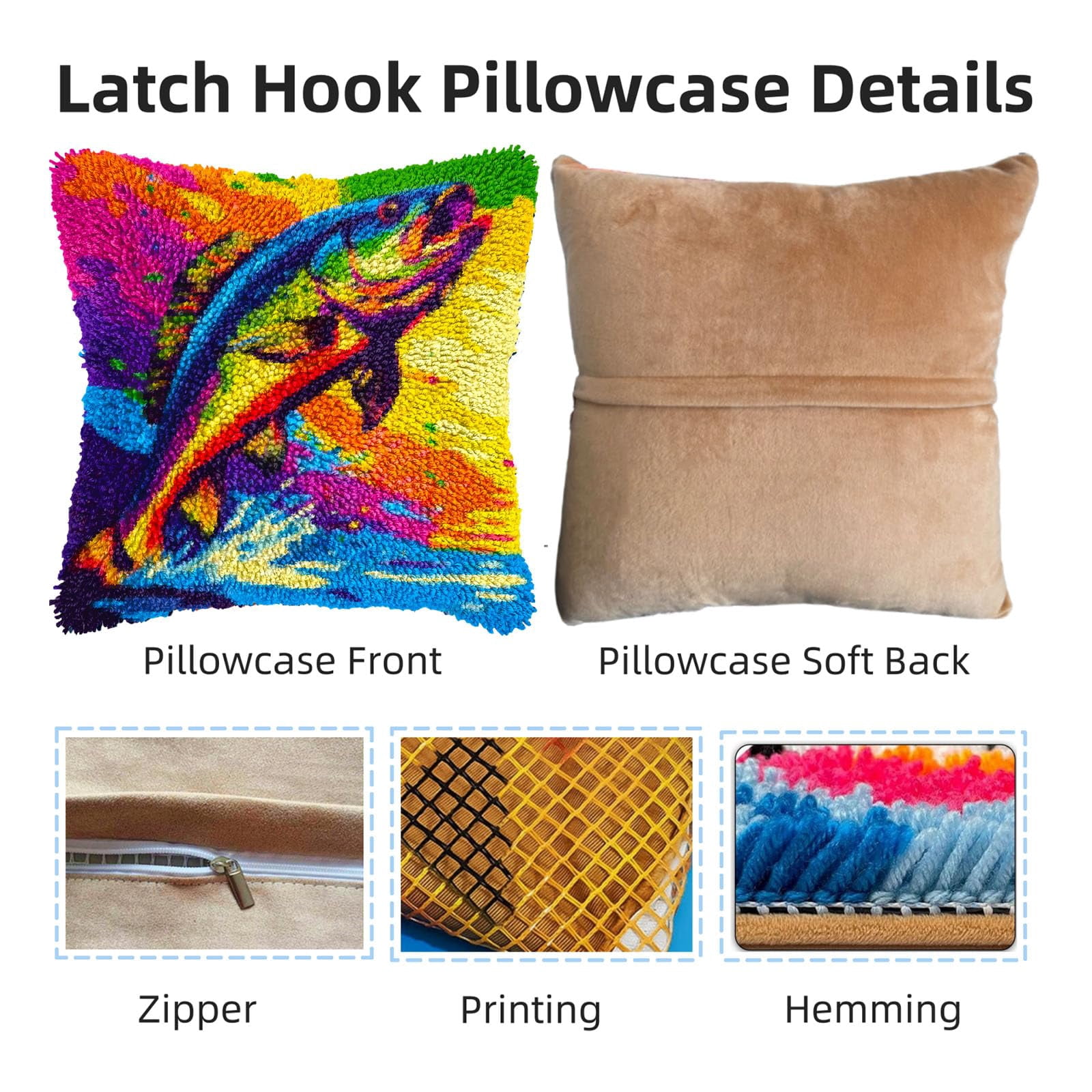 Fish Bass Out from Water DIY Latch Hook Pillow Kits for Adults Printed Pillowcase Crochet Yarns Hooking Handmade Pillow Cover Cushion for Home Sofa Decoration 17x17inch(1)