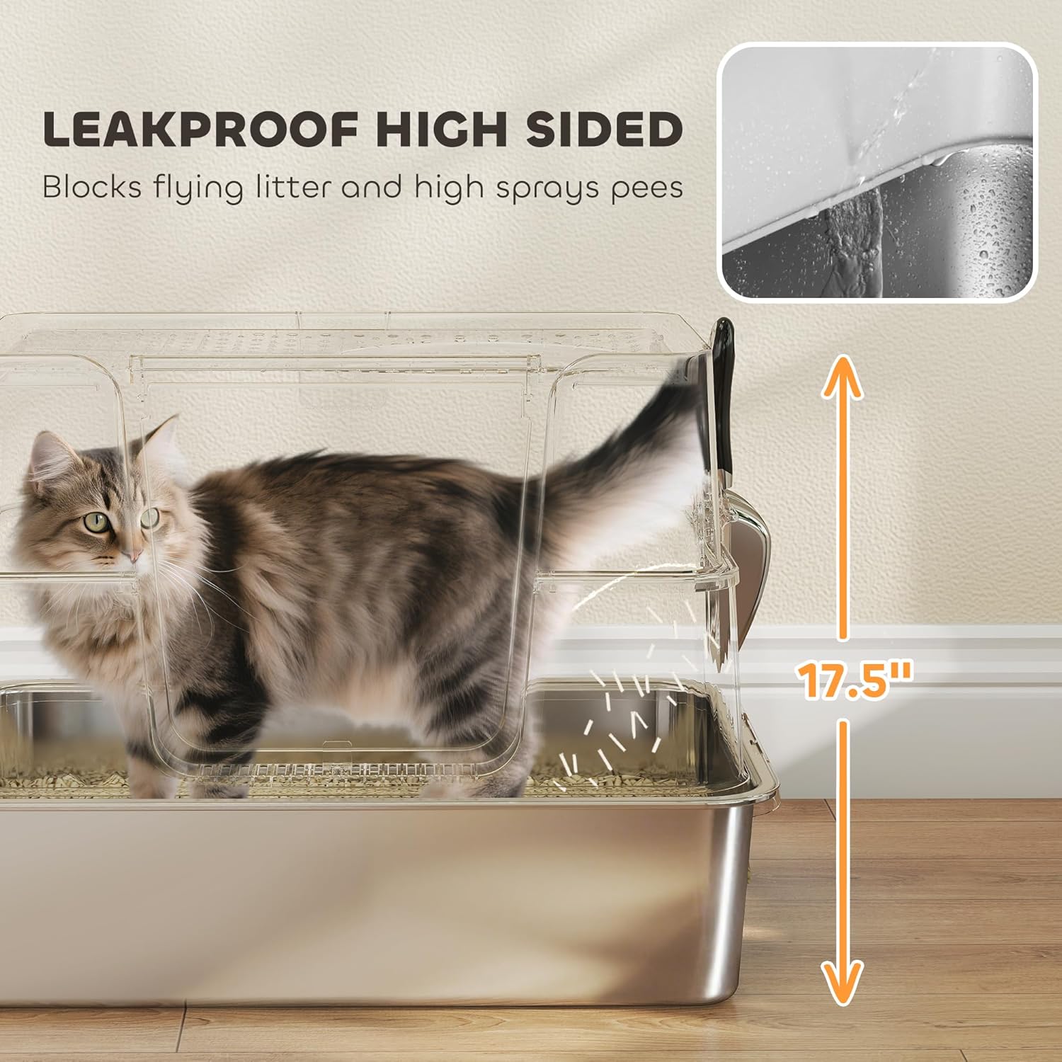 XL Stainless Steel Litter Box with Lid, Extra Large Top & Side Entry Enclosed Litter Box for Big Cats with 100° Flip Top, Scoop, Step, Odor Free, Easy Cleaning, Non-Sticky, Anti Leakage