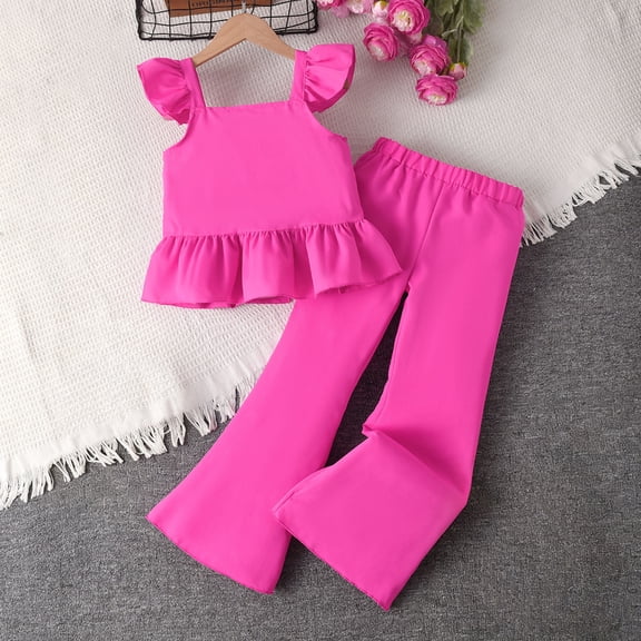 SGFCWSX Girls 2 Piece Outfits Ruffle Strap Peplum Top and Flare Pants Summer Casual Clothes Set Hot Pink Size 5T