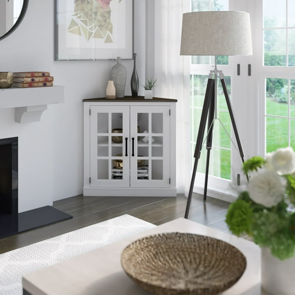 Twin Star Home Corner Accent Cabinet with Windowpane Doors