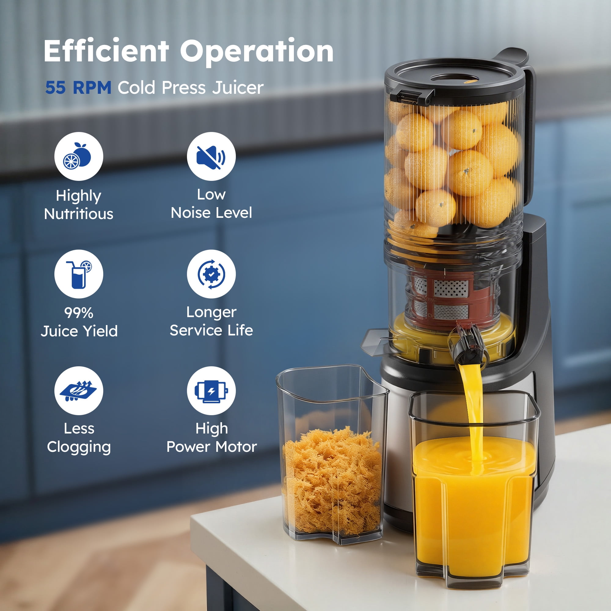 SIMZLIFE Cold Press Juicer, 5.1" Whole Feed Chute Masticating Juicer Machine, 150W 55 RPM Slow Juice Extractor with 99% High Yield & Double-Layer Filter, Easy to Clean, BPA-Free