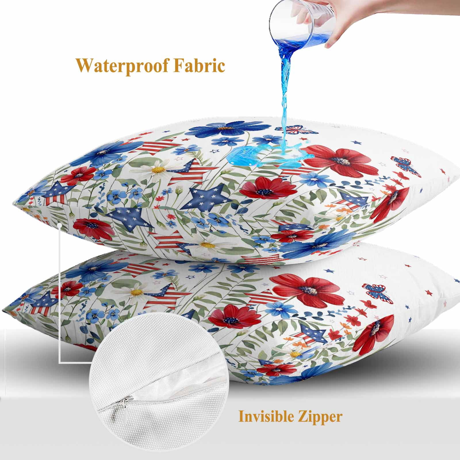 4th of July Outdoor Waterproof Throw Pillow Covers Set of 2 American Flag Butterfly Pillowcases Square Outdoor Pillows Cushion Case 18x18 Inch Red Blue Flowers Patio Pillows for Couch Sofa Bed