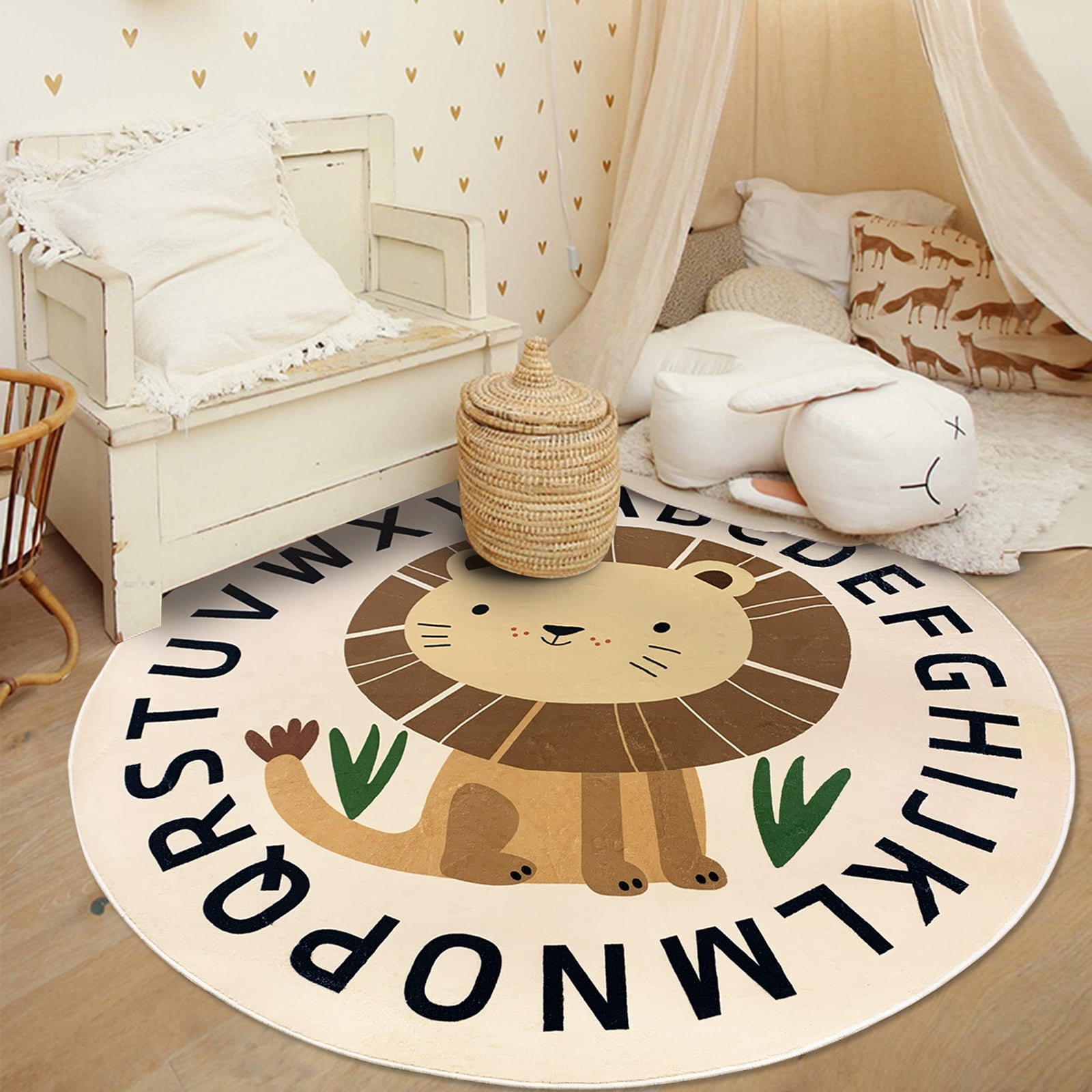 LANPEI Kids Play Rug 5.2Ft Large Round Rug ABC Lion Rug Circle Carpet for Boys Girls Bedroom Soft Animal Playroom Mat Nursery Rug for Living Room Classroom Area Rug Nonslip Washable Rugs, Sitting