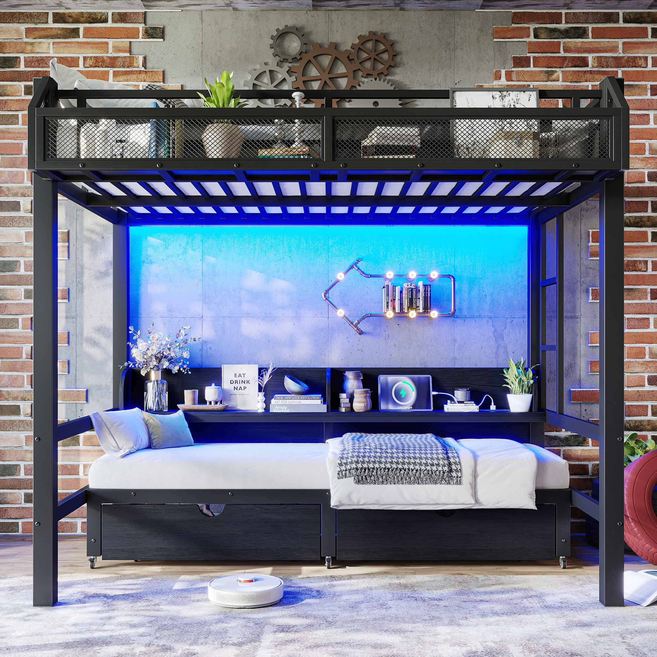Noble House Twin Over Twin Metal Bunk Bed with Drawers, Shelves, USB Ports and LED Lights, Black