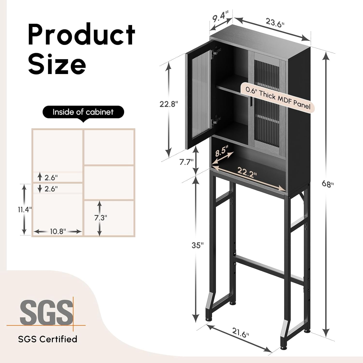 Fil-fresh Over The Toilet Storage Cabinet, Bathroom Organizer with Tempered Glass Doors, Thicken Metal Stand & MDF Wood, Freestanding Space Saver, Black