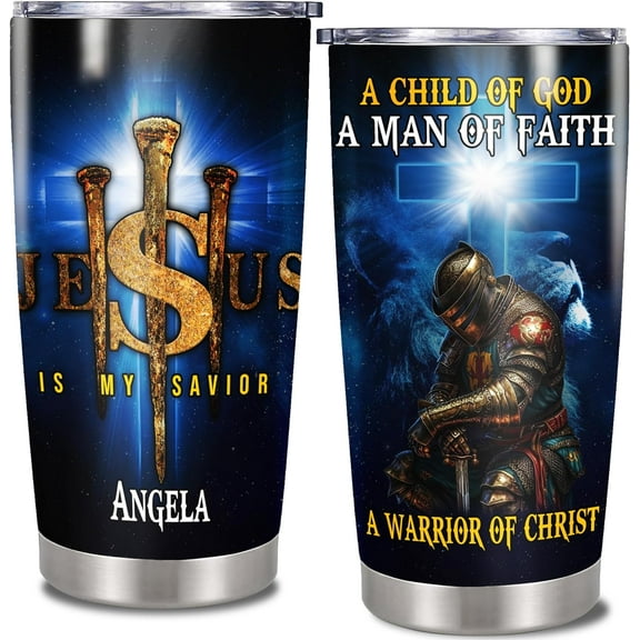 Personalized Christian Tumbler Customized Name Insulated Cup Stainless Steel 20oz A Child of God Man of Faith Warrior of Christ Gift For Men Dad Husband Grandpa Christmas