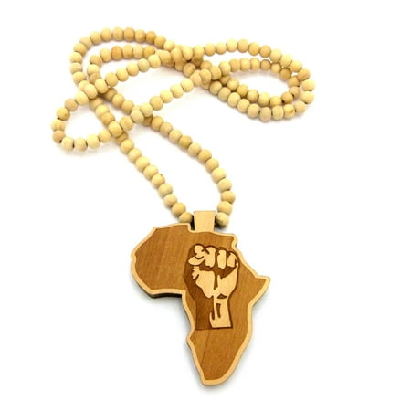 Natural Sponge Coral Necklace - Power Fist Engraved Wood Africa Continent Pendant w/ 8mm 36