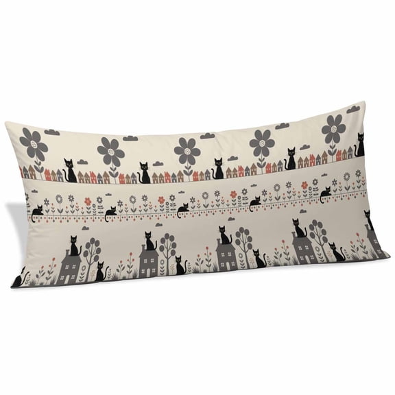 Japanese Style Body Pillow Covers 20"x60", Vintage Cartoon Cat House Trees Flowers Soft Brushed Microfiber Breathable Throw Pillow Covers, Decorative Pillowcase with Zipper for Couch Sofa Bedroom