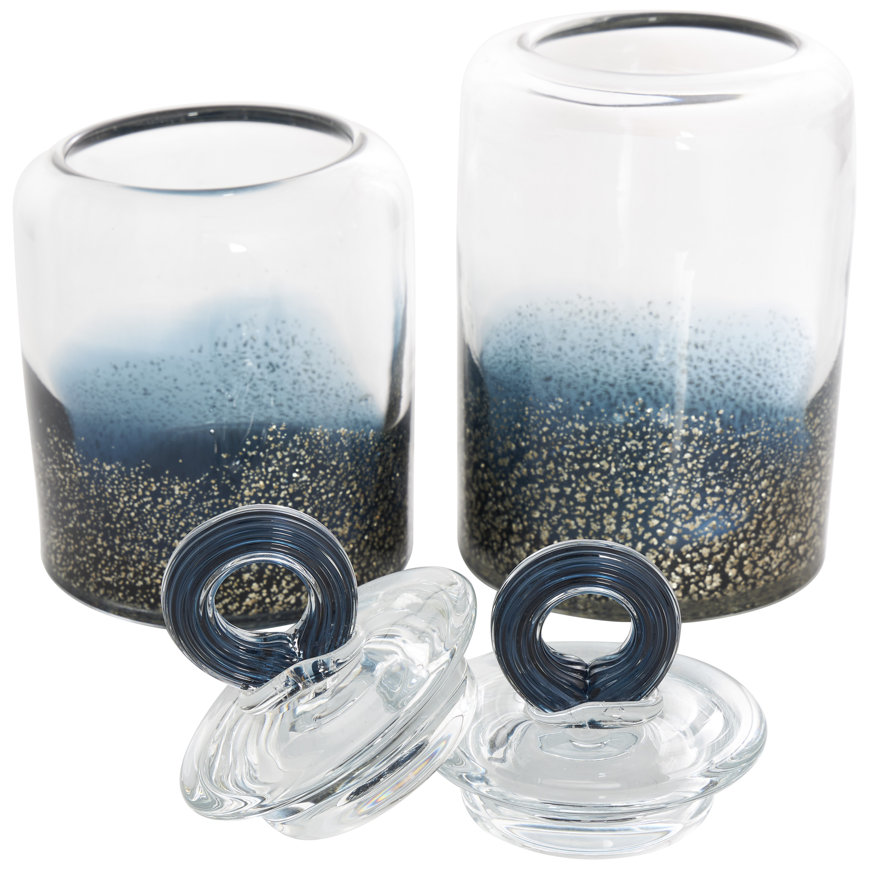 DecMode 9", 8"H Blue Glass Handmade Decorative Jars with Gold Flake Details and Ring Lids, 2-Pieces