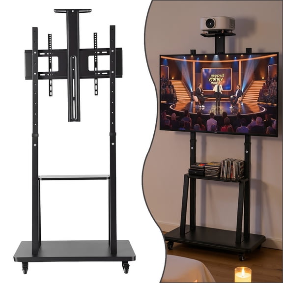 Mobile TV Cart Rolling TV Stand with Wheels for 32-85 inch Screens, Portable TV Stand with Shelf & Locking Wheels, Height Adjustment, Up to 132lbs Outdoor TV Stand