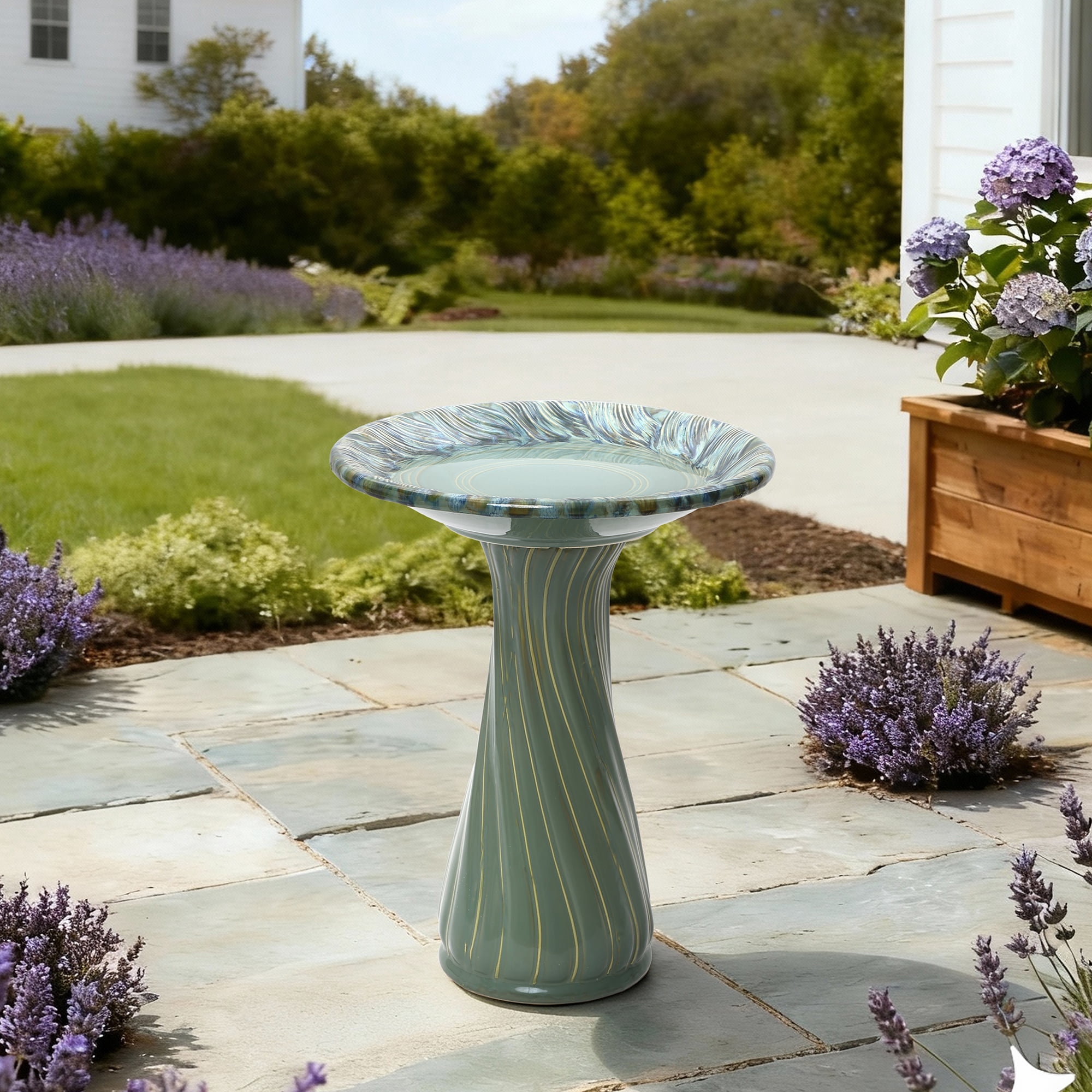 LuxenHome 22.5" Elegant Ceramic Bird Bath for Outside with Leaves and Swirl Pattern, Green