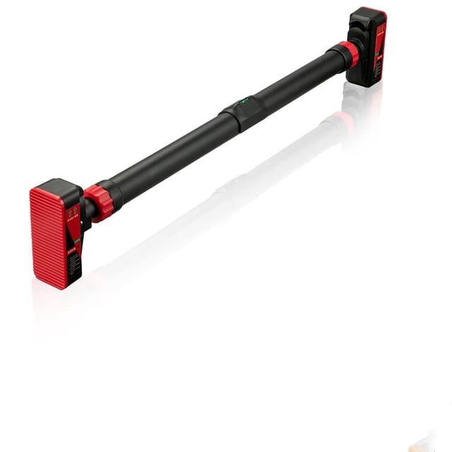 Barre de Traction pour Entrée avec Largeur Réglable - Installation Sans Vis et Niveau Intégré, Barre de Menton de Capacité de 440 lb pour Gym à Domicile, Rouge et Noir