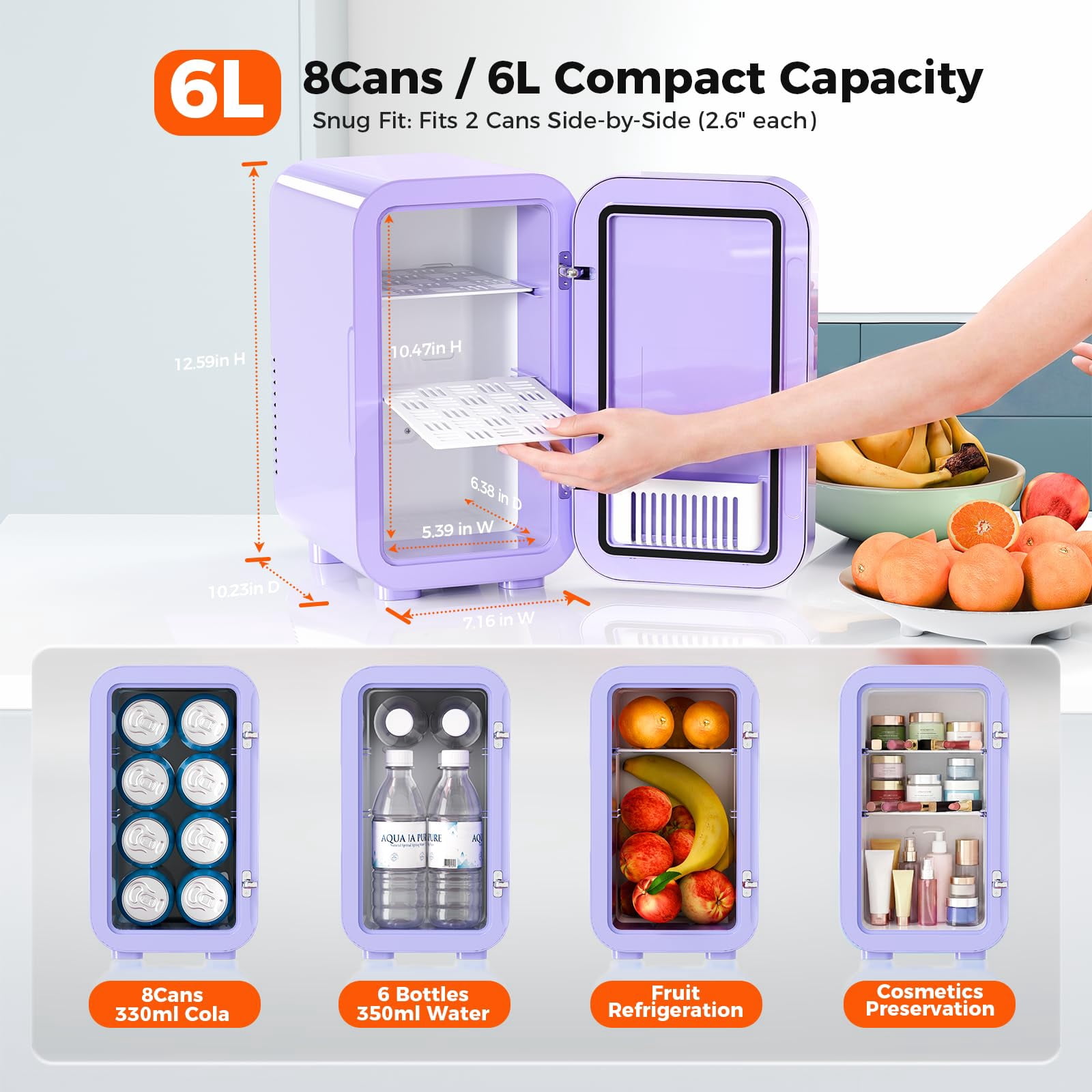 Mini Fridge, 6 Liter/8 Can 110V AC/DC Portable Thermoelectric Cooler Refrigerators for Bedroom, Skincare, Beverage, Office, Dorm Room and Car, Purple