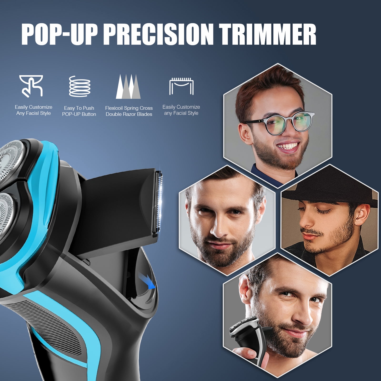 MAX-T Electric Razor for Men, USB-C Fast Charge 1H/120Min, IPX7 Waterproof Wet Dry, Pop-Up Beard Trimmer, 3D Floating Head, LED Display, Gift for Men, Blue