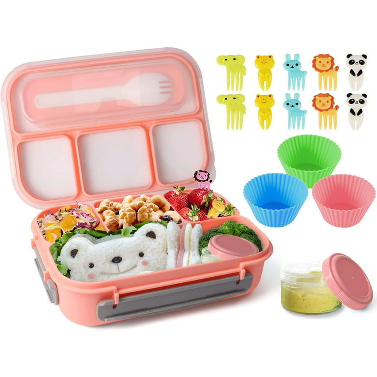 Bento Lunch Box for Kids Adult,4 Compartment Bento Box Containers with Fun  Accessories Thick Silicone Food Cake Cups, Cute Food Picks for Kids,Easy to