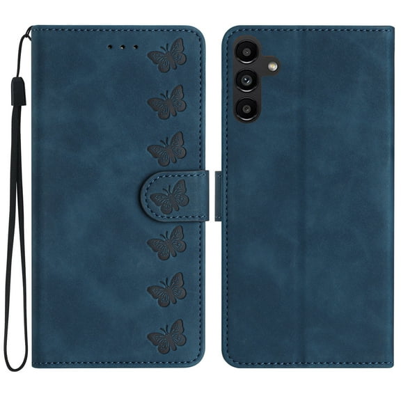 SaniMore Case for Samsung Galaxy A14 5G 6.6" 2023, [Card Slots + Cash Pocket] Removeable Wrist Strap PU Leather Embossed Butterfly Flip Kickstand Magnetic Clasp Full Body Protective Shell, Blue