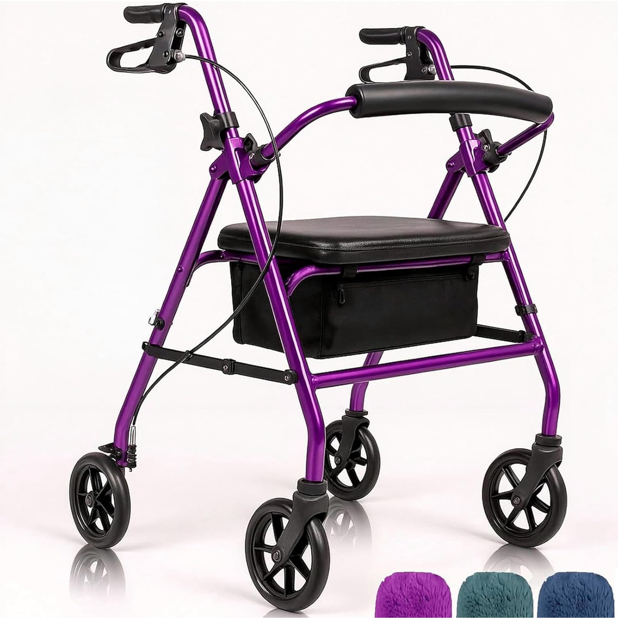 Steel Rollator Walker with Seat - Foldable, Narrow, Rolling Senior Walker for Small Spaces - 4 Wheel Lightweight Adult Easy Drive with Underseat Storage, Adjustable Height (Purple)