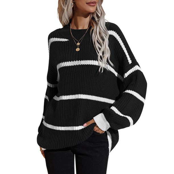 Moda mujer suéter de punto bloque de color a rayas manga larga pulóver camisa de gran tamaño suéter Abanopi Negro/Extragrande