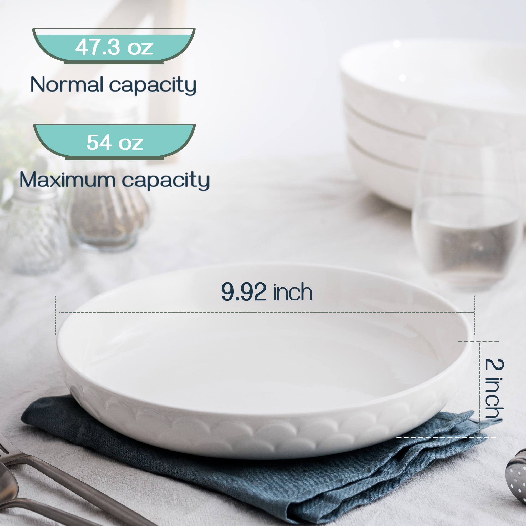 DOWAN 10-Inch White Ceramic Serving Platters, Set of 4 Large Round Plates, 54Oz Pasta Salad Bowls, Dinner Platters, Microwave Dishwasher Safe, Free Scrub Sponge