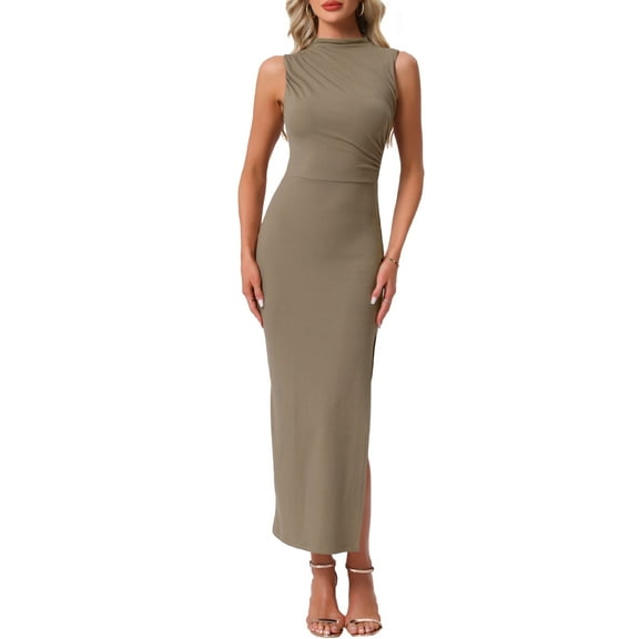 DARING DIVA Semi Formal Fall Mock Neck Slit Cocktail Maxi Dress XS Khaki