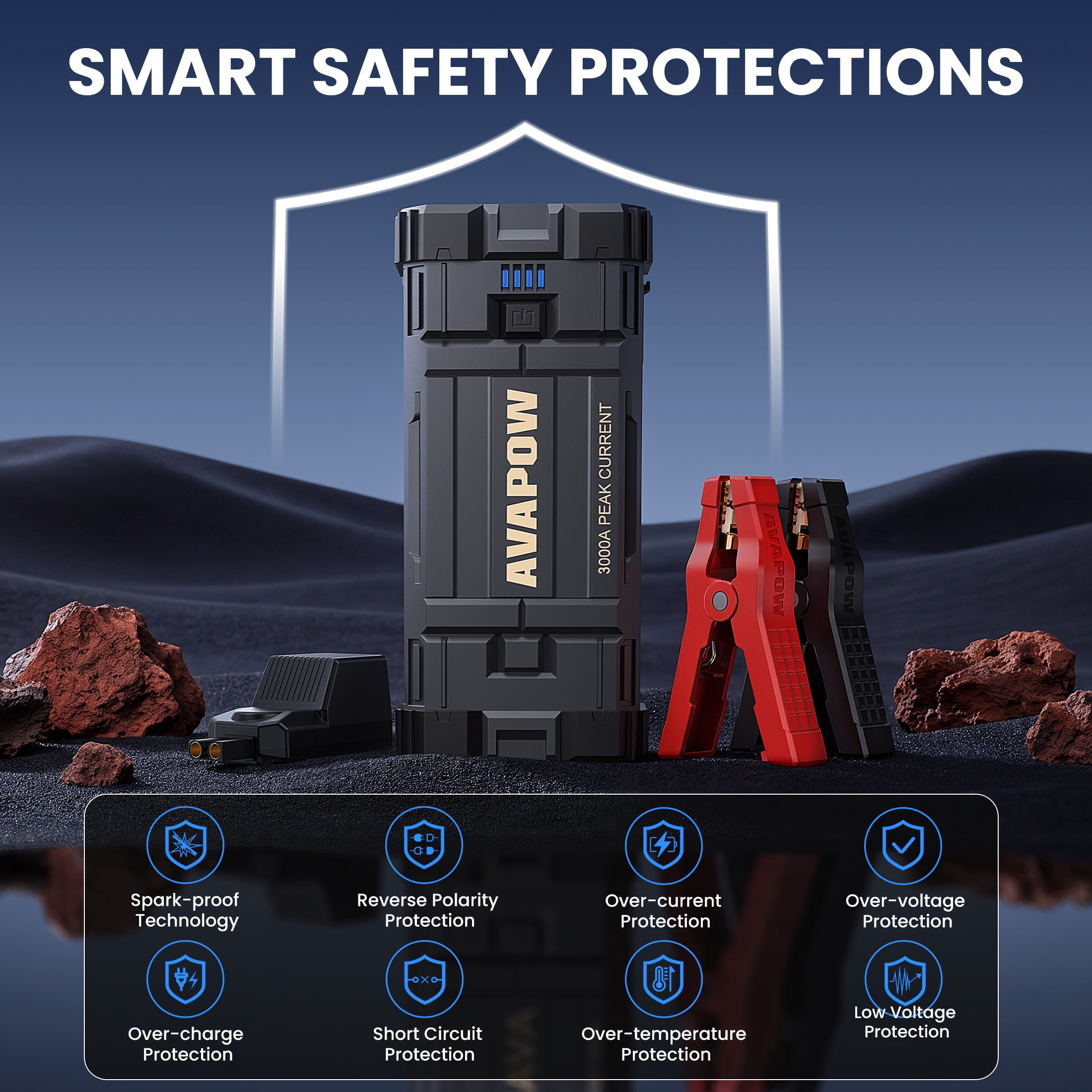 AVAPOW Car Jump Starter, 3000A Peak 23800mAh Battery Jump Booster, 12V Portable Jump Box for Up to 8L Gas 8L Diesel Engine, Battery Starter with Jumper Cables, LCD Display, Lights