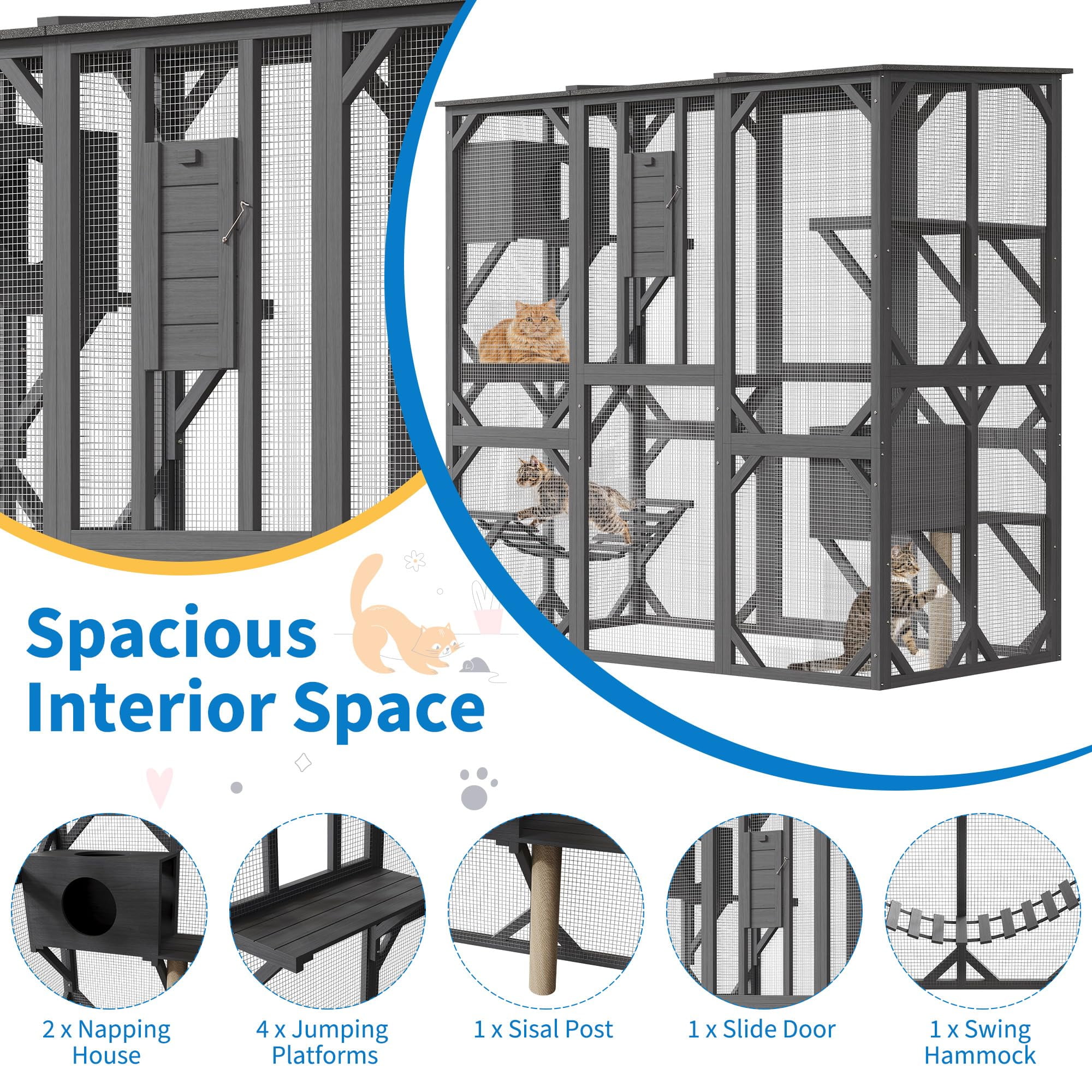 Ataucjin Walk-in Window Catio Outdoor,70'' Wooden Cat Enclosure for Mulitiple Cats with Waterproof Roof,Feral Cat Shelter with Platforms,Hammock, Scratching Post and Resting Box,Walk in Cat Kennel